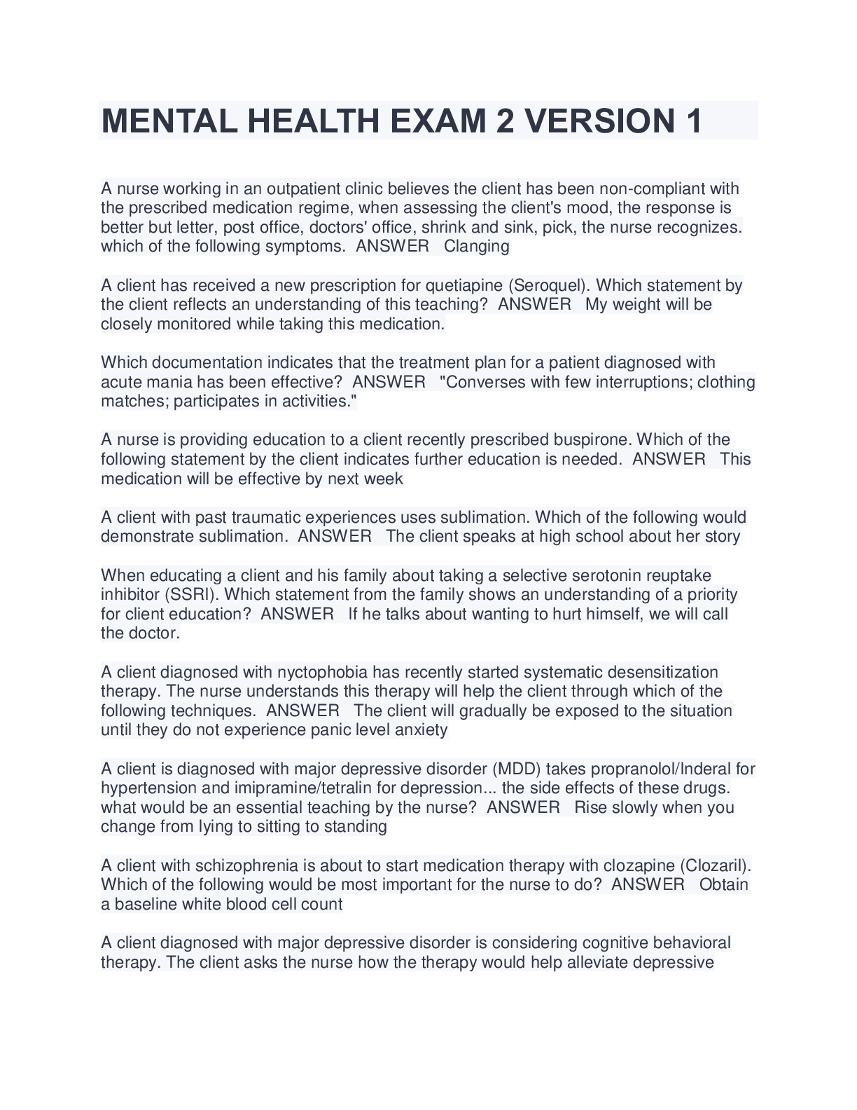 MENTAL HEALTH EXAM 2 VERSION 1 Browsegrades